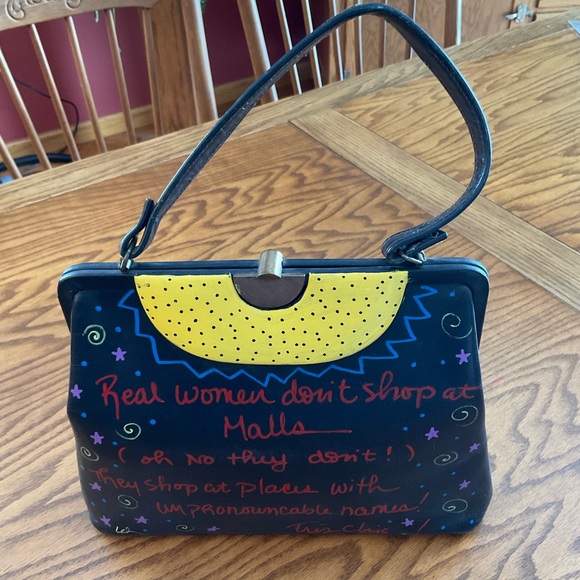 Handbags - Vintage Upcycled, Painted on Black Background Satchel